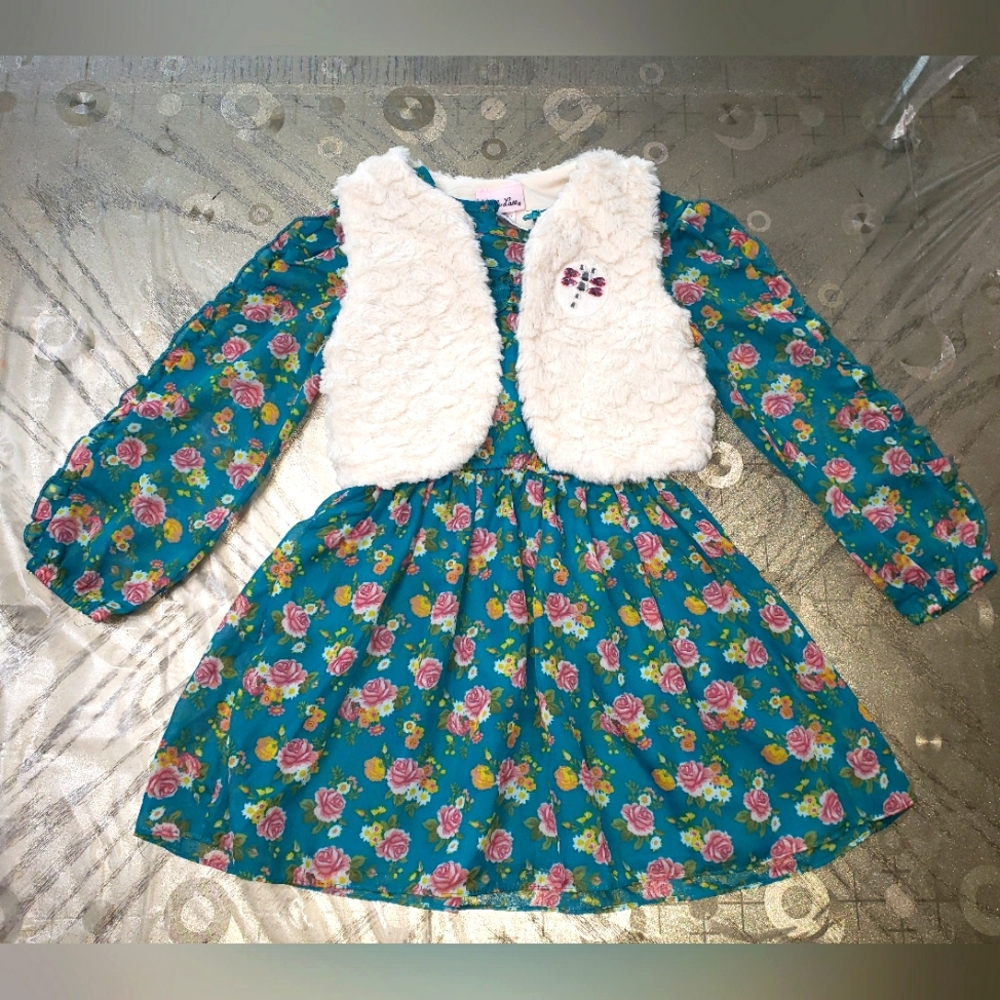 Little Lass Turquoise Flower Dress w/ Vest